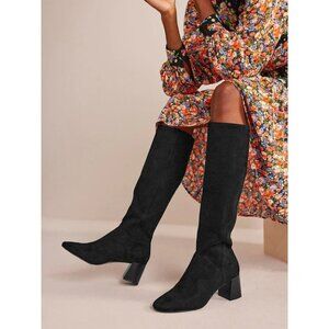 Boden Womens Knee High Boots EU 36 US 5.5 Black Chrome Suede Block Heels NWT